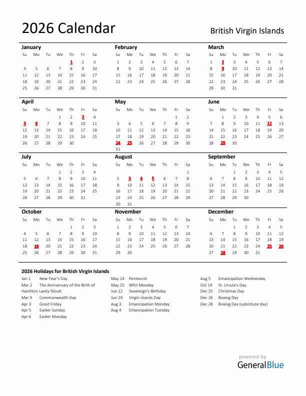 Standard Holiday Calendar for 2026 with British Virgin Islands Holidays 
