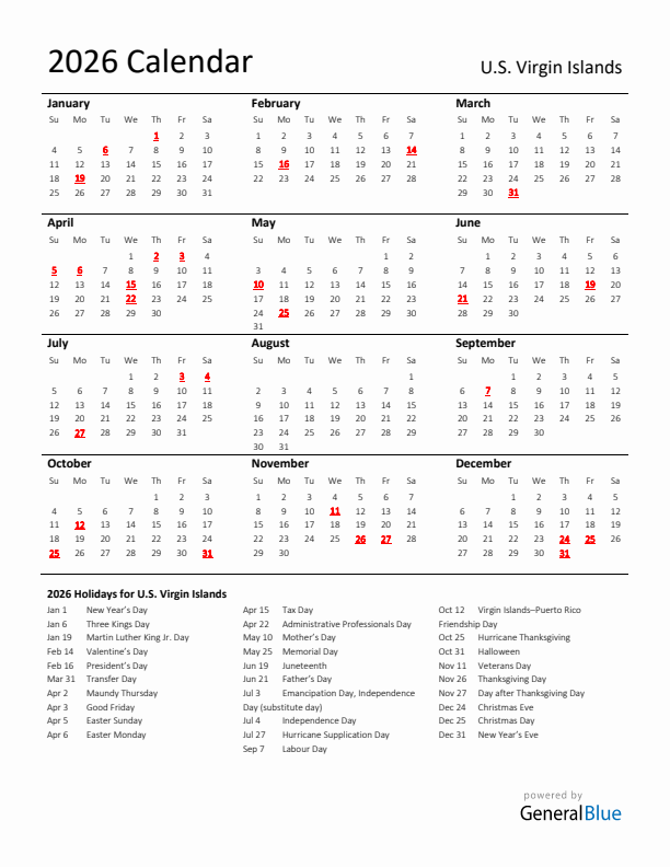 Standard Holiday Calendar for 2026 with U.S. Virgin Islands Holidays 