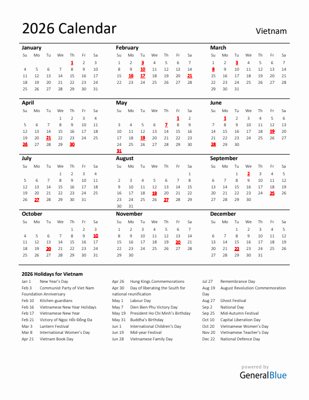 Standard Holiday Calendar for 2026 with Vietnam Holidays