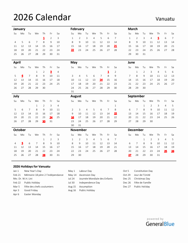 Standard Holiday Calendar for 2026 with Vanuatu Holidays 