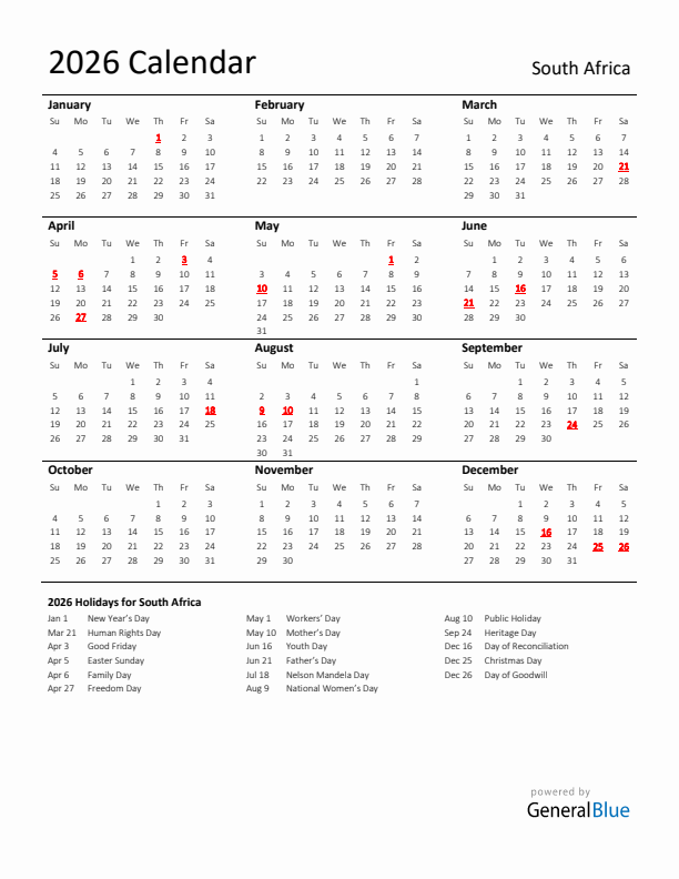 South Africa 2026 Calendar With Holidays