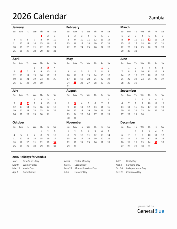 Standard Holiday Calendar for 2026 with Zambia Holidays