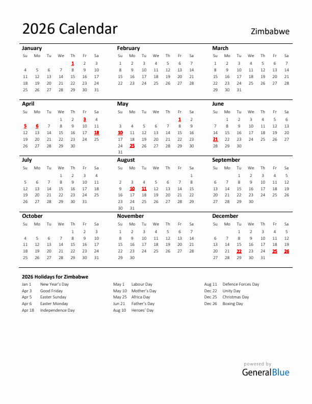 Standard Holiday Calendar for 2026 with Zimbabwe Holidays