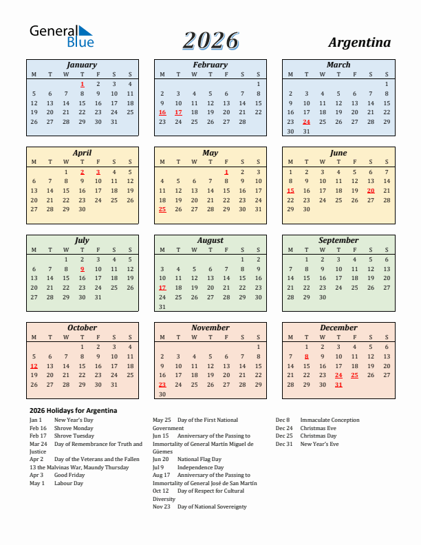 Argentina Calendar 2026 with Monday Start