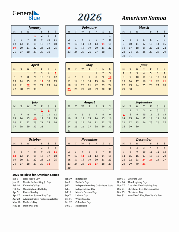 American Samoa Calendar 2026 with Monday Start