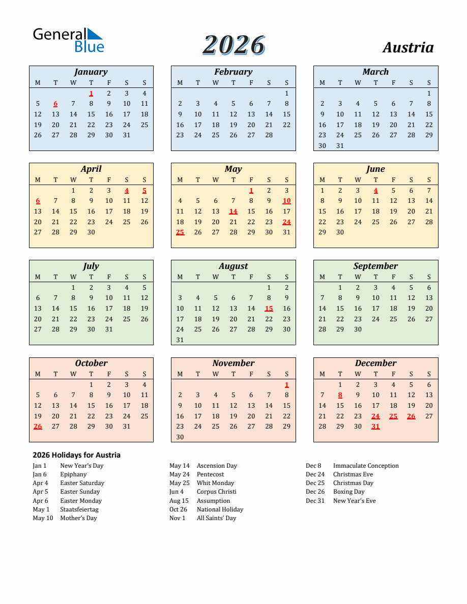 2026 Austria Calendar Monday Start