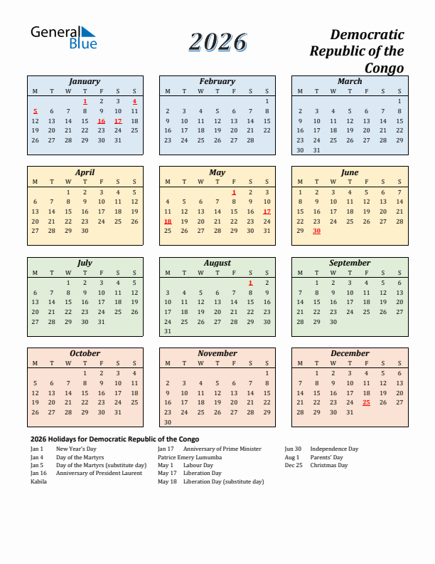 Democratic Republic of the Congo Calendar 2026 with Monday Start