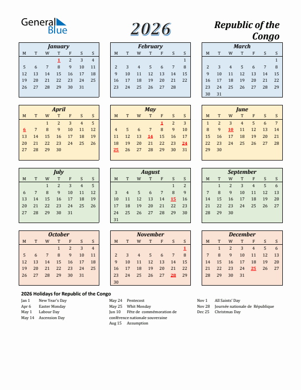 Republic of the Congo Calendar 2026 with Monday Start