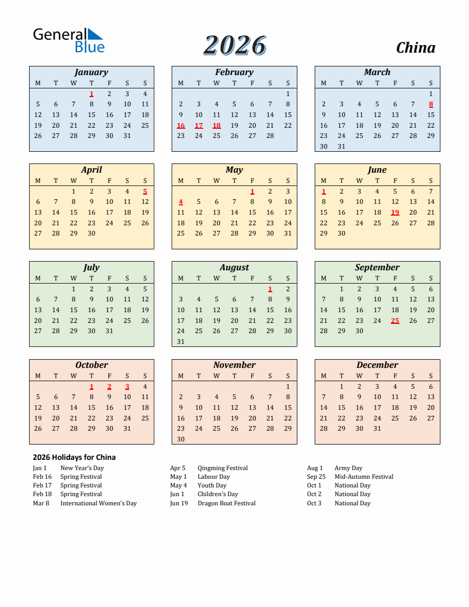 2026 china calendar - monday start