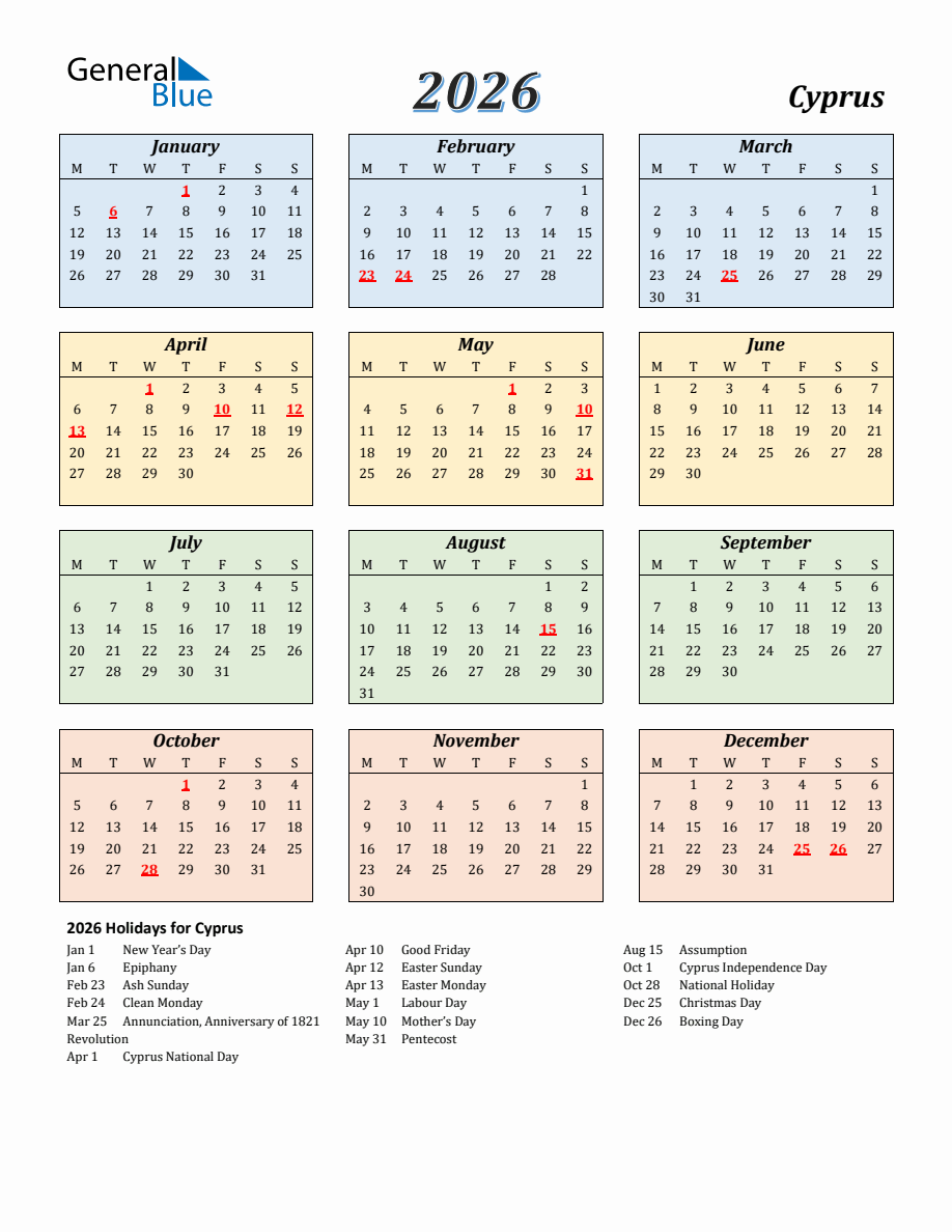 2026 Cyprus Calendar Monday Start