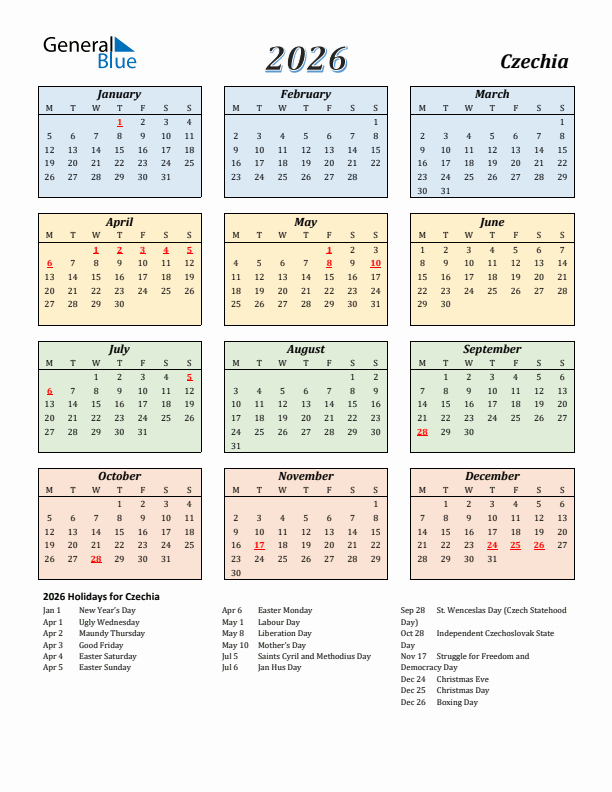 Czechia Calendar 2026 with Monday Start
