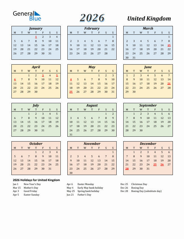 2026 United Kingdom Calendar With Holidays Monday Start 