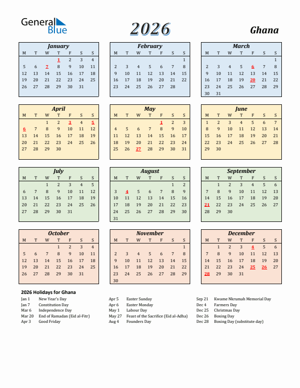 Ghana Calendar 2026 with Monday Start