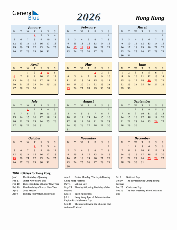 Hong Kong Calendar 2026 with Monday Start