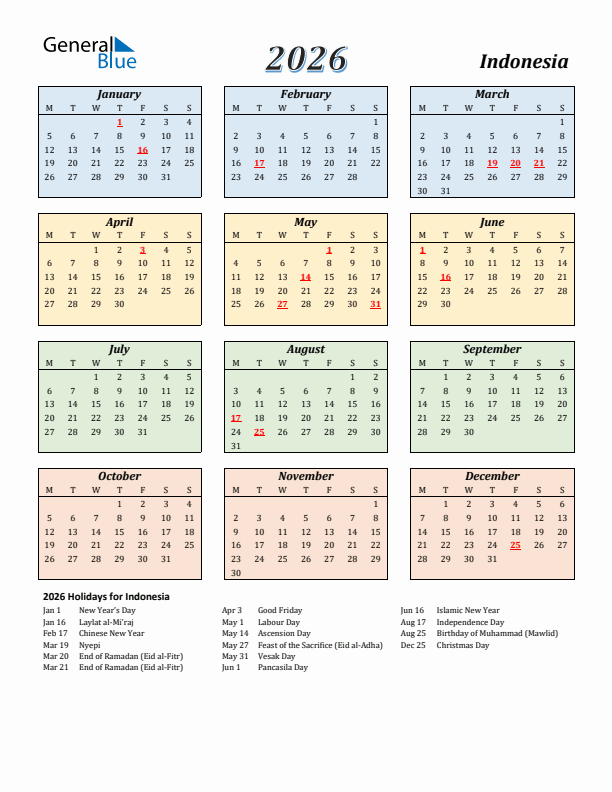 Indonesia Calendar 2026 with Monday Start