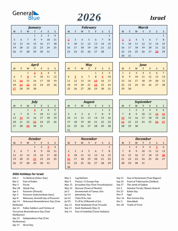 Israel Calendar 2026 with Monday Start