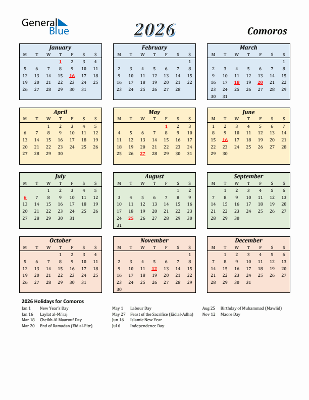 Comoros Calendar 2026 with Monday Start