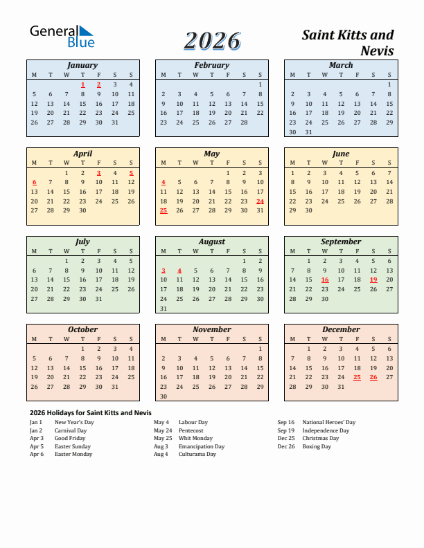 Saint Kitts and Nevis Calendar 2026 with Monday Start