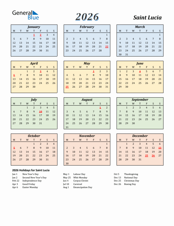 Saint Lucia Calendar 2026 with Monday Start