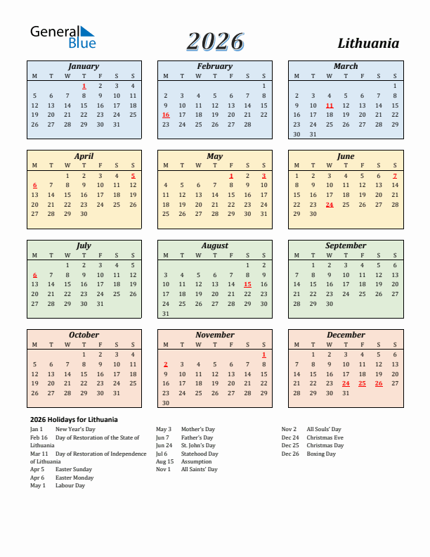 Lithuania Calendar 2026 with Monday Start