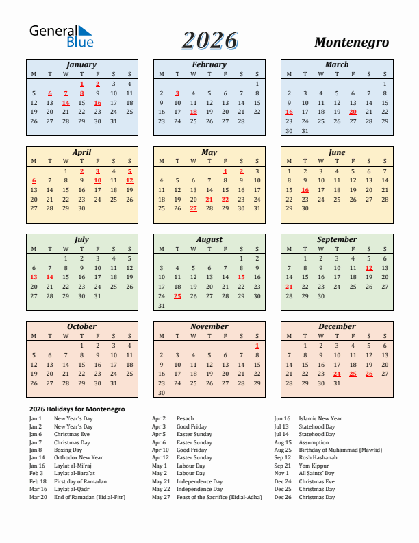 Montenegro Calendar 2026 with Monday Start
