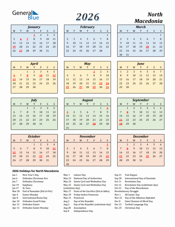 North Macedonia Calendar 2026 with Monday Start