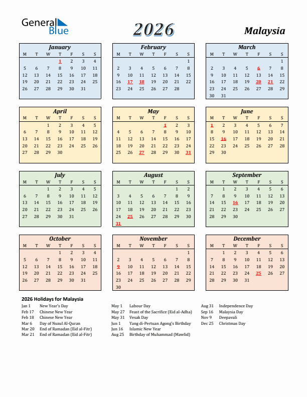 Malaysia Calendar 2026 with Monday Start