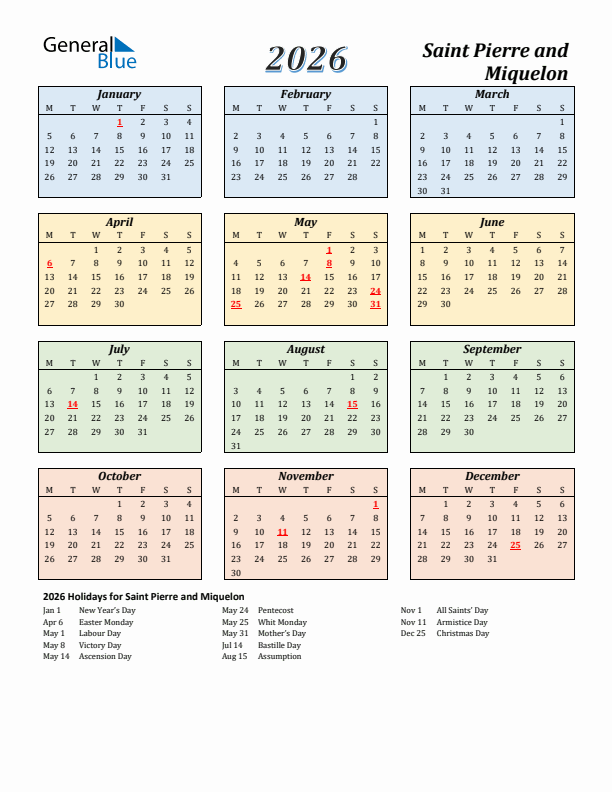 Saint Pierre and Miquelon Calendar 2026 with Monday Start
