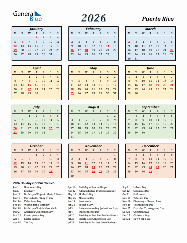 Puerto Rico Calendar 2026 with Monday Start