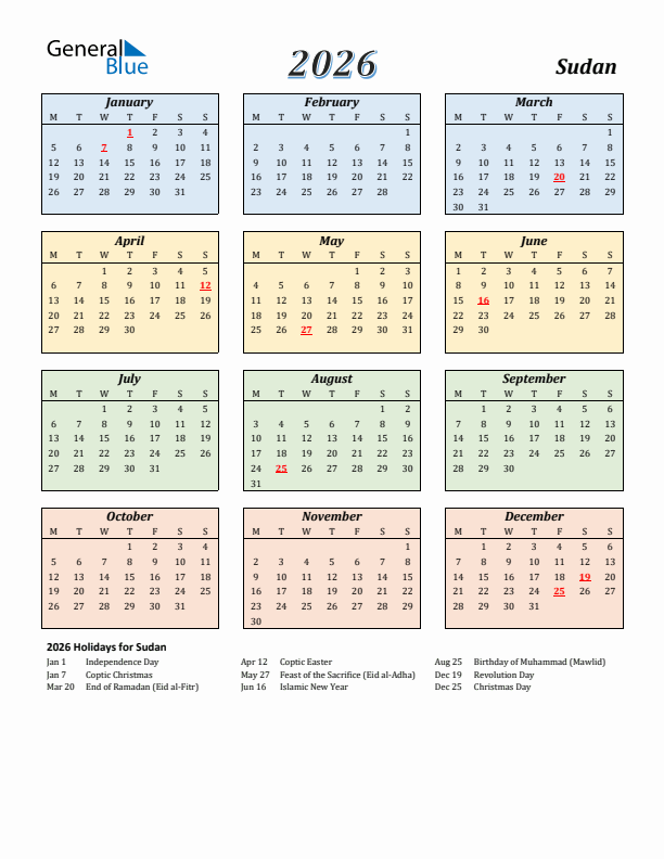 Sudan Calendar 2026 with Monday Start