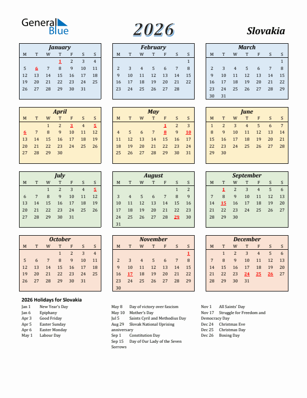Slovakia Calendar 2026 with Monday Start
