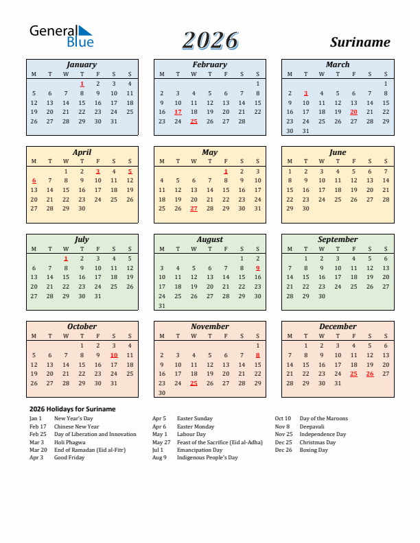 Suriname Calendar 2026 with Monday Start