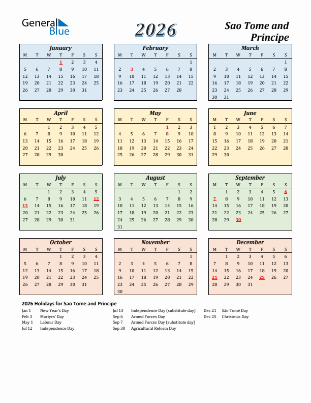 Sao Tome and Principe Calendar 2026 with Monday Start