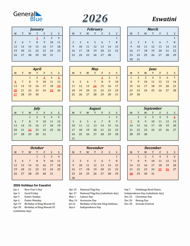 Eswatini Calendar 2026 with Monday Start