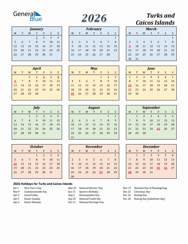 Turks and Caicos Islands Calendar 2026 with Monday Start