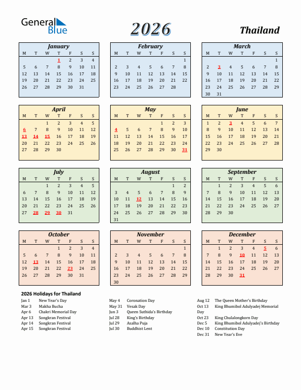 Thailand Calendar 2026 with Monday Start
