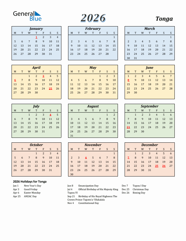 Tonga Calendar 2026 with Monday Start