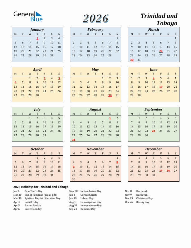 Trinidad and Tobago Calendar 2026 with Monday Start