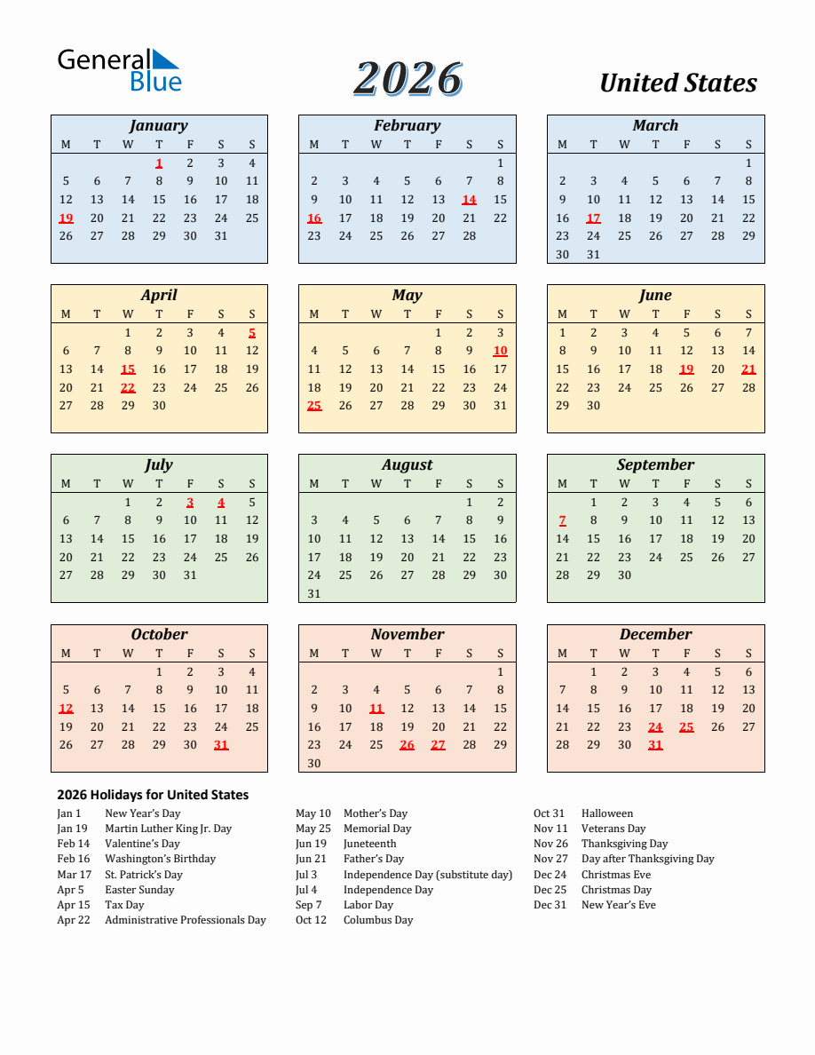 2026 United States Calendar Monday Start 2026 Calendar Streamlined Colored With Holidays Portrait Monday Start En Us 918x1188 
