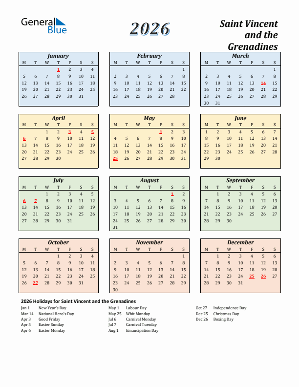 Saint Vincent and the Grenadines Calendar 2026 with Monday Start