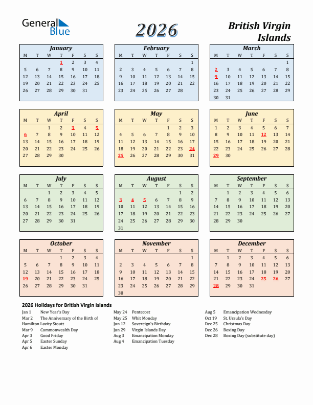 British Virgin Islands Calendar 2026 with Monday Start