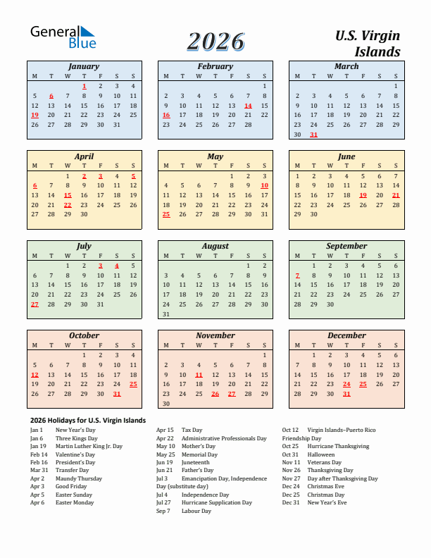 U.S. Virgin Islands Calendar 2026 with Monday Start