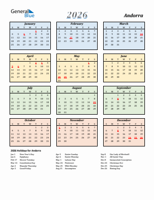 Andorra current year calendar 2026 with holidays