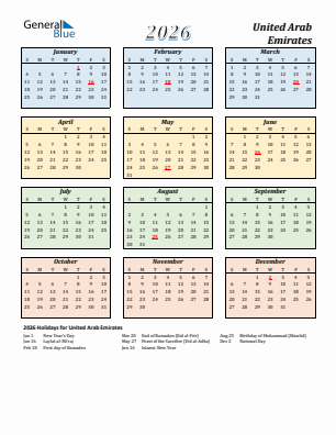 United Arab Emirates current year calendar 2026 with holidays