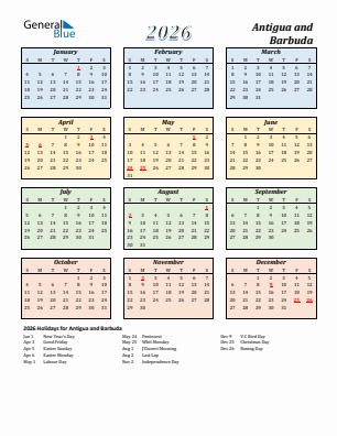 Antigua and Barbuda current year calendar 2026 with holidays