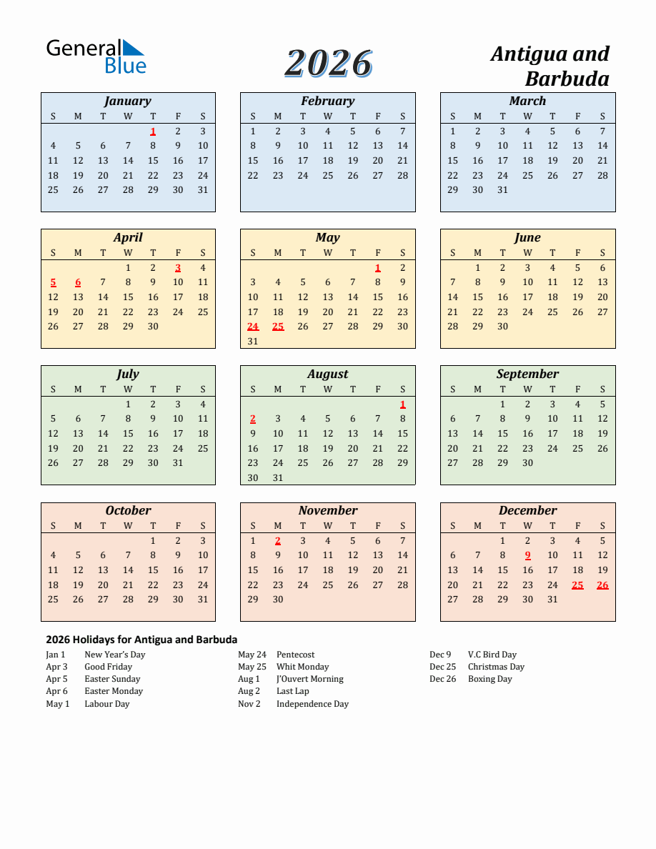 2026 Antigua and Barbuda Calendar with Sunday Start