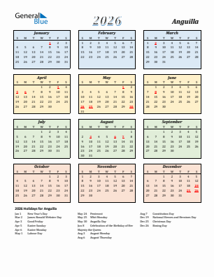 Anguilla current year calendar 2026 with holidays