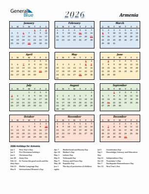 Armenia current year calendar 2026 with holidays