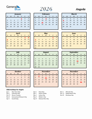 Angola current year calendar 2026 with holidays