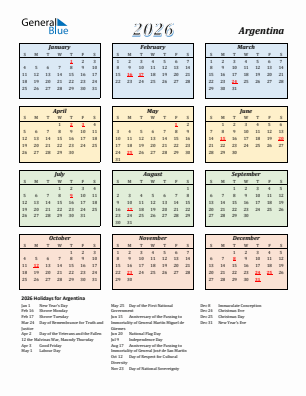 Argentina current year calendar 2026 with holidays